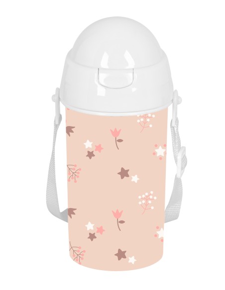 BOTELLA 500ml APERTURA AUTOM. CON PAJITA SAFTA PREESCOLAR "FLORES"