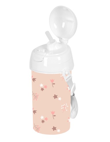 BOTELLA 500ml APERTURA AUTOM. CON PAJITA SAFTA PREESCOLAR "FLORES"