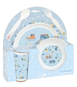 SET DE PLATOS, CUBIERTOS Y VASO SAFTA PREESCOLAR "GRUAS"