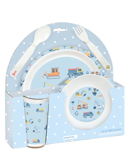 SET DE PLATOS, CUBIERTOS Y VASO SAFTA PREESCOLAR "GRUAS"