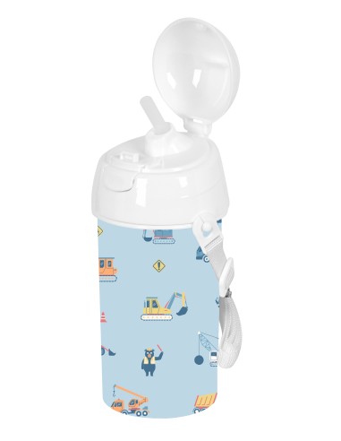 BOTELLA 500ml APERTURA AUTOM. CON PAJITA SAFTA PREESCOLAR "GRUAS"