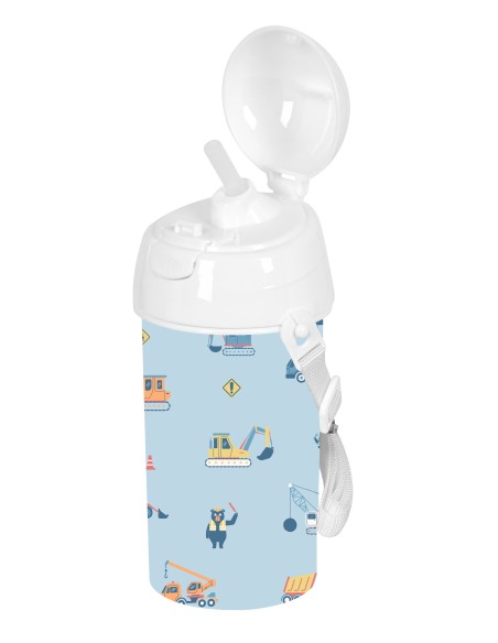 BOTELLA 500ml APERTURA AUTOM. CON PAJITA SAFTA PREESCOLAR "GRUAS"