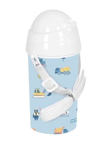 BOTELLA 500ml APERTURA AUTOM. CON PAJITA SAFTA PREESCOLAR "GRUAS"