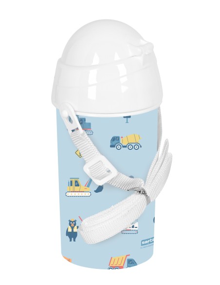 BOTELLA 500ml APERTURA AUTOM. CON PAJITA SAFTA PREESCOLAR "GRUAS"