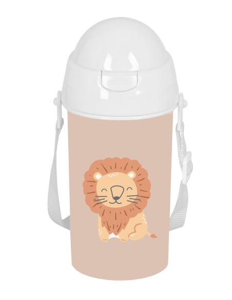 BOTELLA 500ml APERTURA AUTOM. CON PAJITA SAFTA PREESCOLAR "LEON"