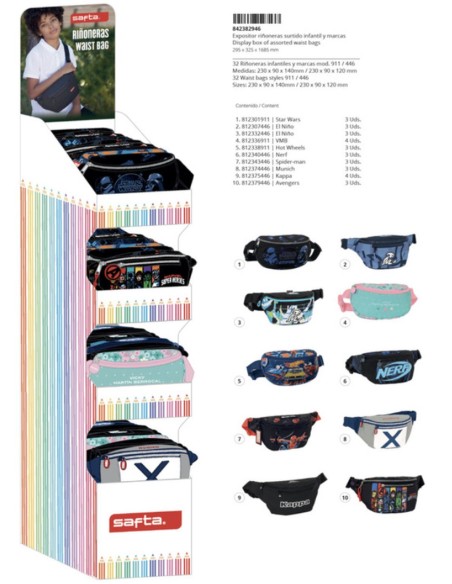 EXPOSITOR 32 RIÑONERAS SURT. INFANTIL + MARCAS
