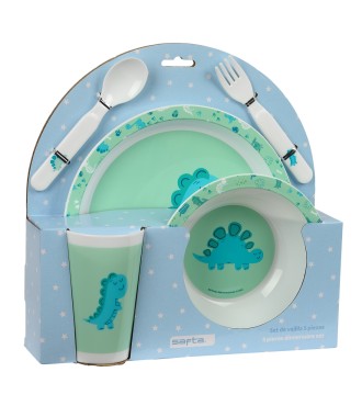 SET DE PLATOS, CUBIERTOS Y VASO SAFTA PREESCOLAR "DINO"