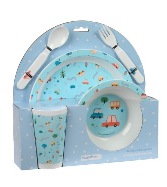 SET DE PLATOS, CUBIERTOS Y VASO SAFTA PREESCOLAR "COCHES"