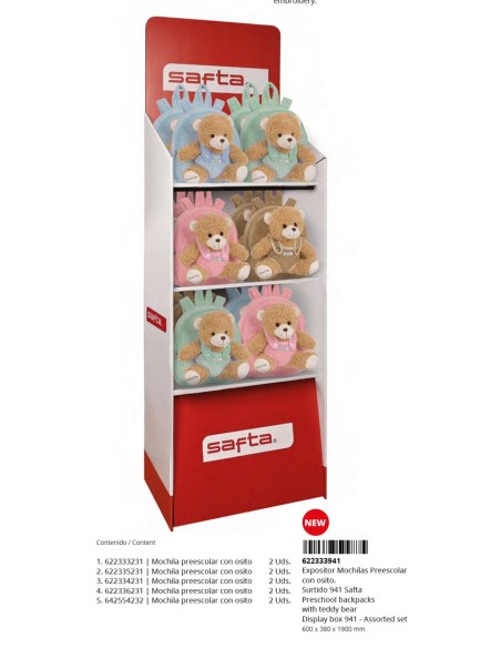 CONTENIDO EXPOSITOR 941 MOCHILAS PREESCOLAR CON OSITO SAFTA SURT.